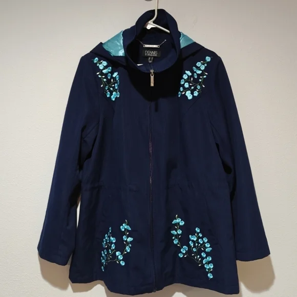 Y2K Dennis By Dennis Basso Embroidered Jacket Medium Navy Peacoat Cherry Blossom - Picture 2 of 9